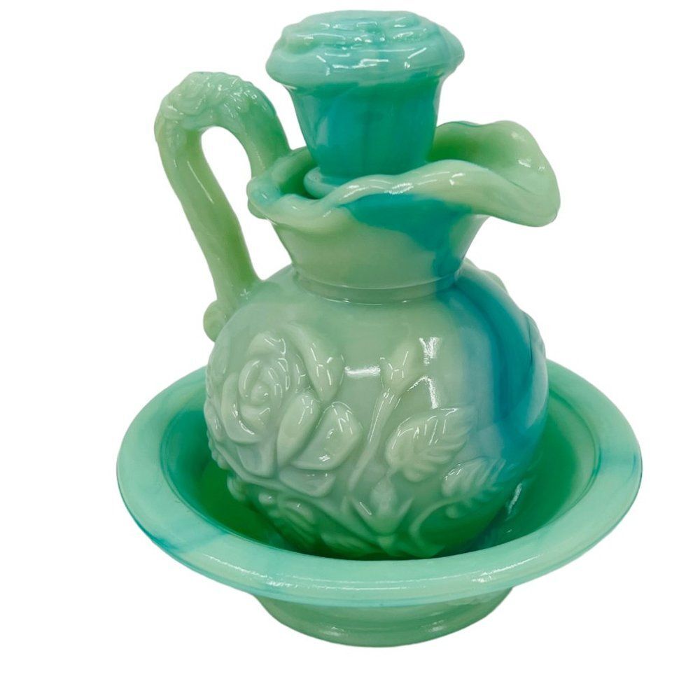 Vintage Avon Blue & Green Marbled Rose Victorian Pitcher & Bowl Set with Box